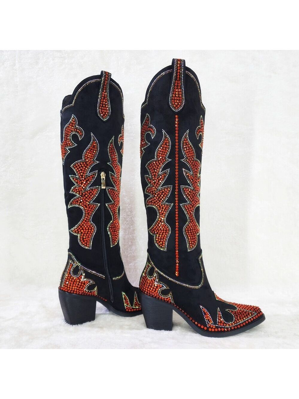 NIB Harley Girl Country Western Cowgirl Knee Boots Rhinestones Black Orange - Picture 13 of 16